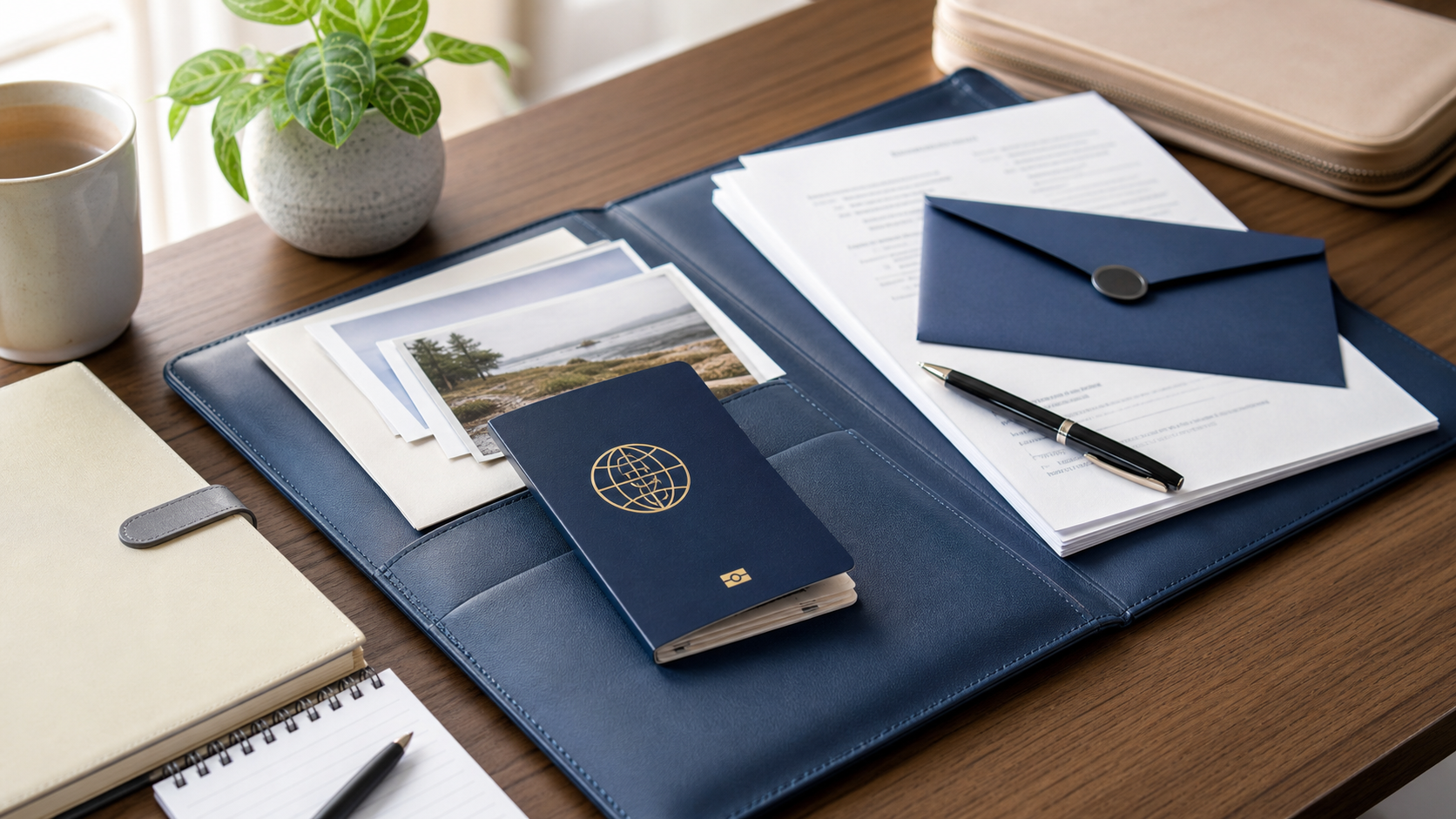 Family travel documents neatly arranged before a visa interview