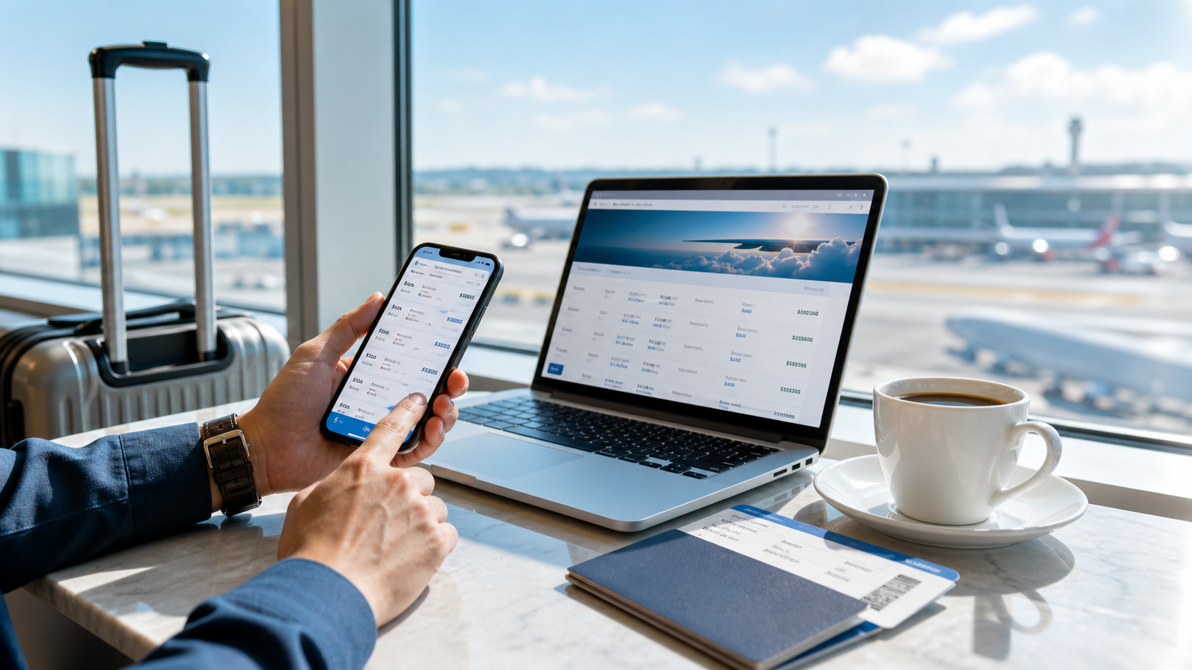 Traveler checking flight booking options on a phone with an airport runway view