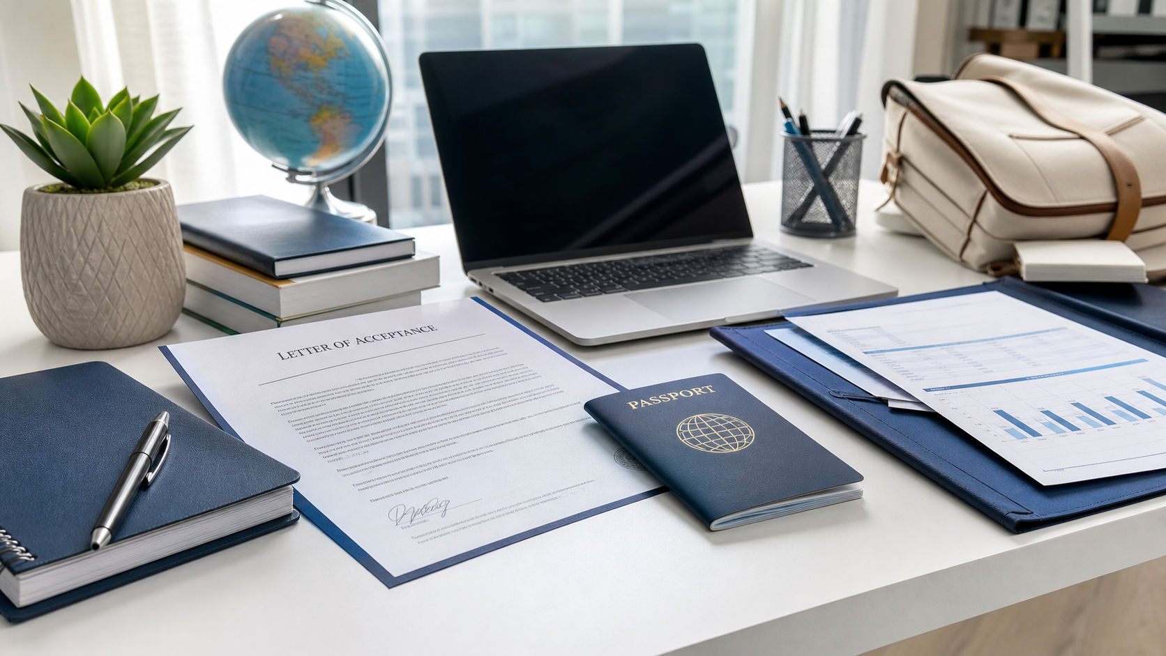 Student admission letter, laptop and passport arranged for a visa file