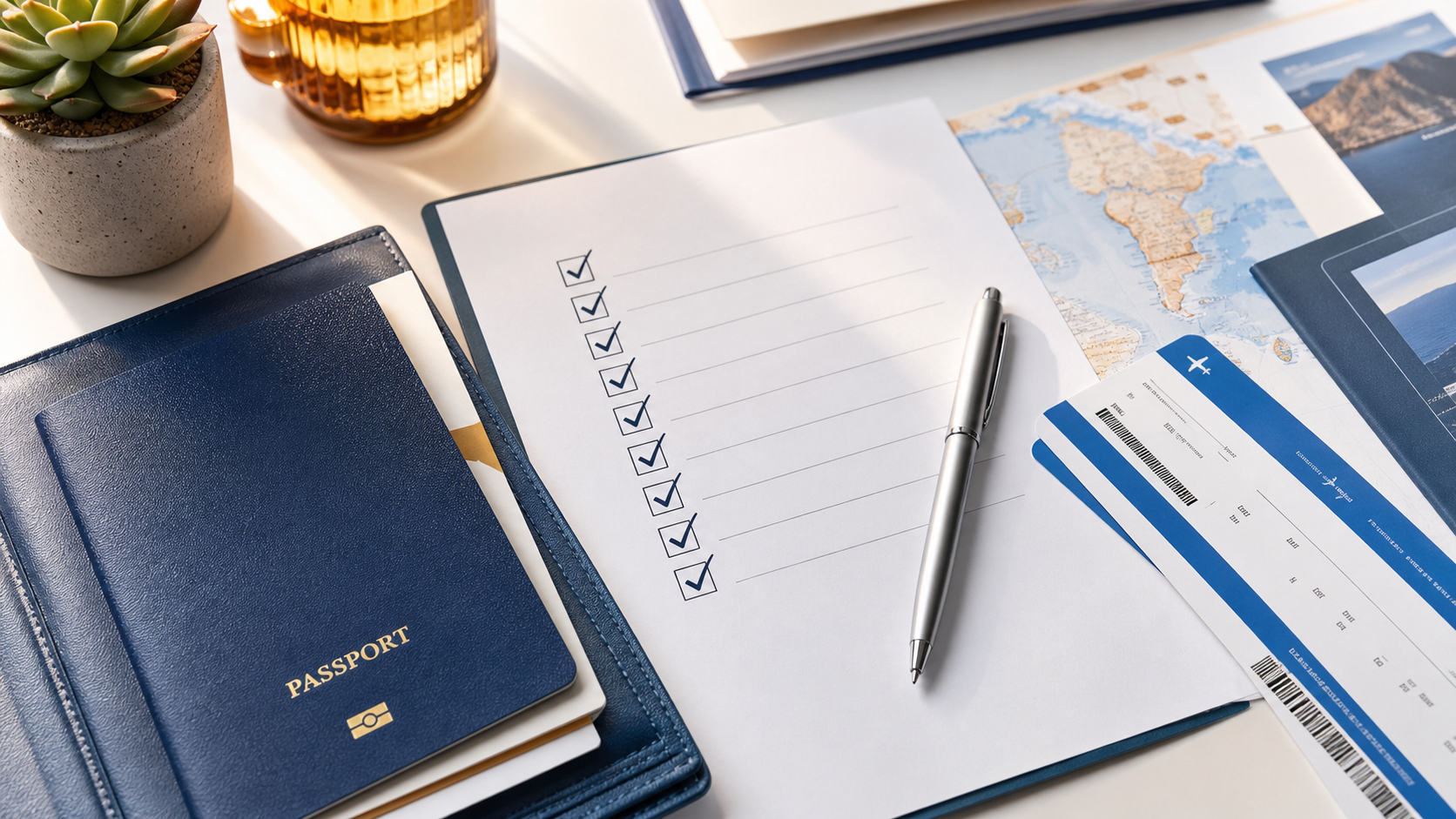 Passport, checklist and boarding pass on a travel desk